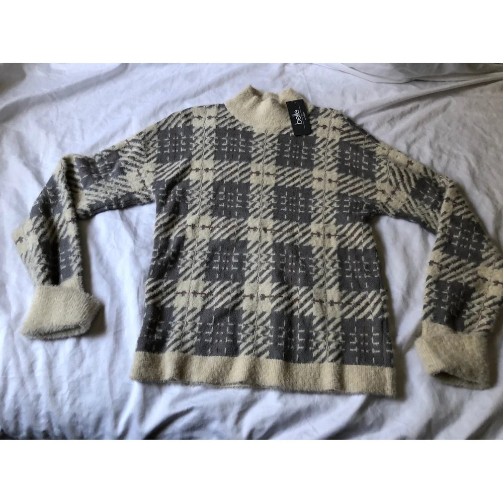 Belle By Belldini Women's Size Small Fuzzy Sweater Gray/cream Mockneck NWT